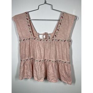 Banjara Cropped Embroidered Square Neck Sleeveless Boho Peasant Top‎ Pink Size L